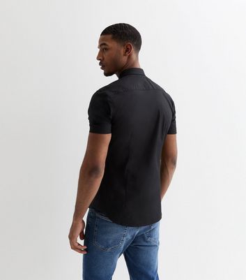 Men's Black Poplin Short Sleeve Muscle Fit Shirt New Look