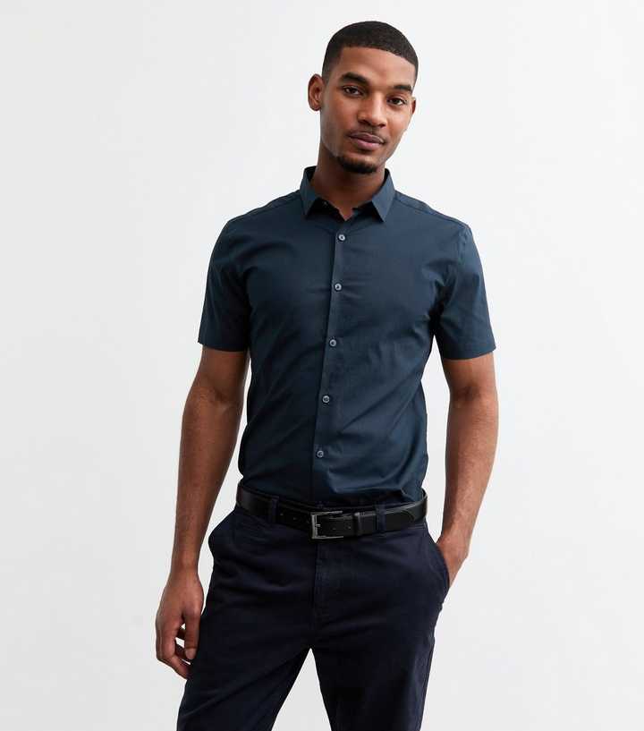 Navy Poplin Short Sleeve Muscle Fit Shirt