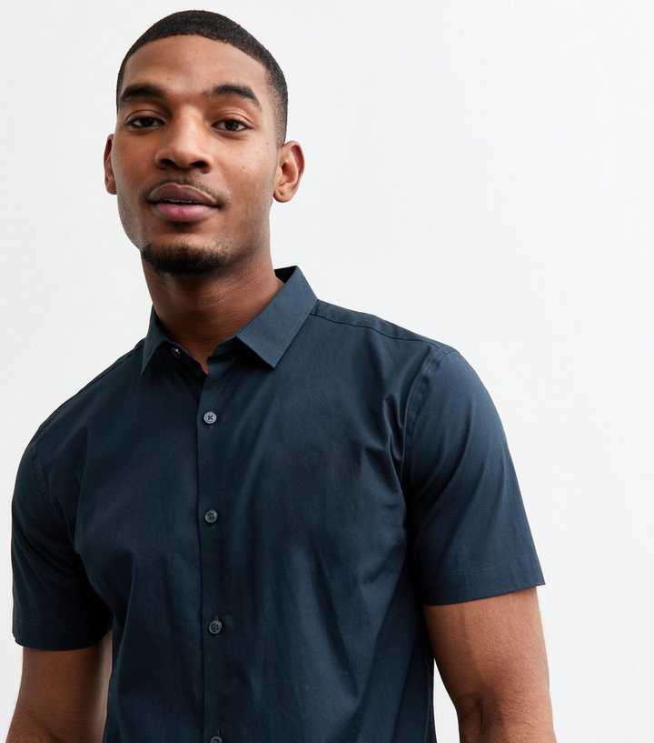 Navy Poplin Short Sleeve Muscle Fit Shirt | New Look Navy Poplin Short Sleeve Muscle Fit Shirt | New Look