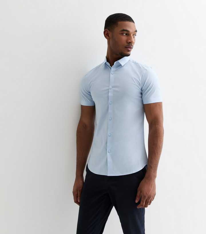 Pale Blue Poplin Short Sleeve Muscle Fit Shirt