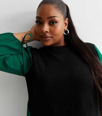 Curves Dark Green Ribbed Knit 2 in 1 Blouse