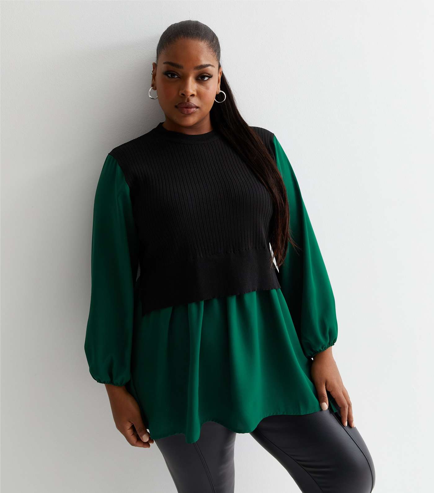 Curves Dark Green Ribbed Knit 2 in 1 Blouse Image 2