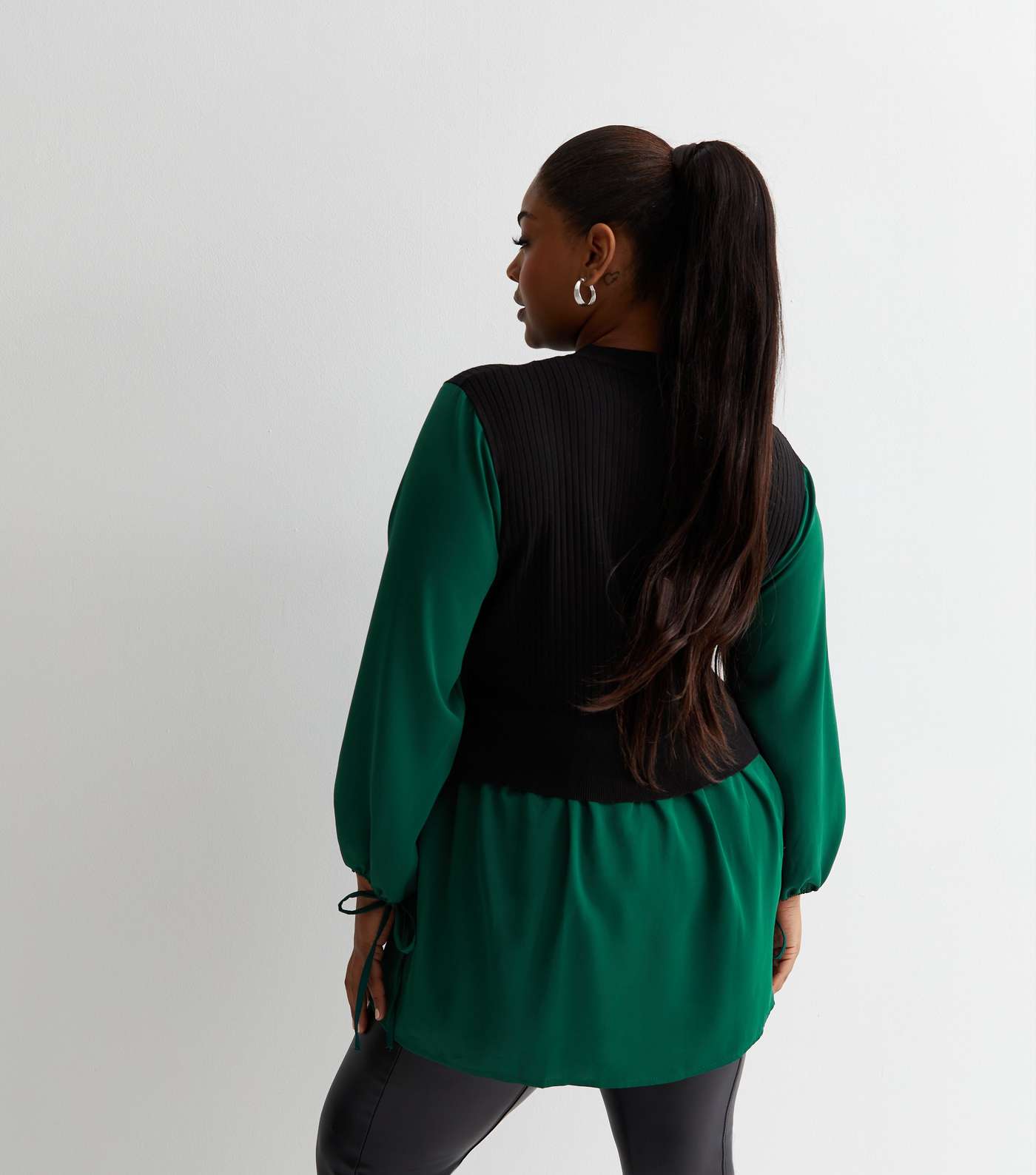Curves Dark Green Ribbed Knit 2 in 1 Blouse Image 4