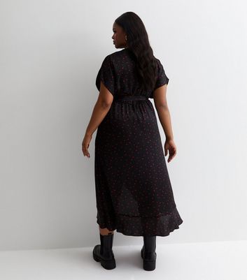 Black satin spot ruffle best sale midi dress