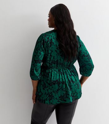 Curves Green Floral Wrap Peplum Blouse New Look