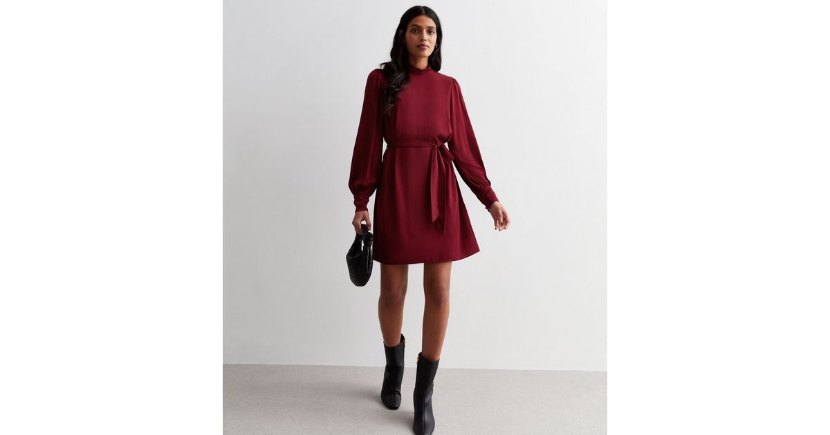Burgundy High Neck Long Sleeve Belted Mini Dress | New Look