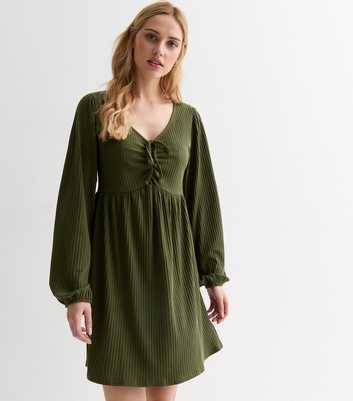 Olive Ribbed Jersey Tie Front Mini Dress