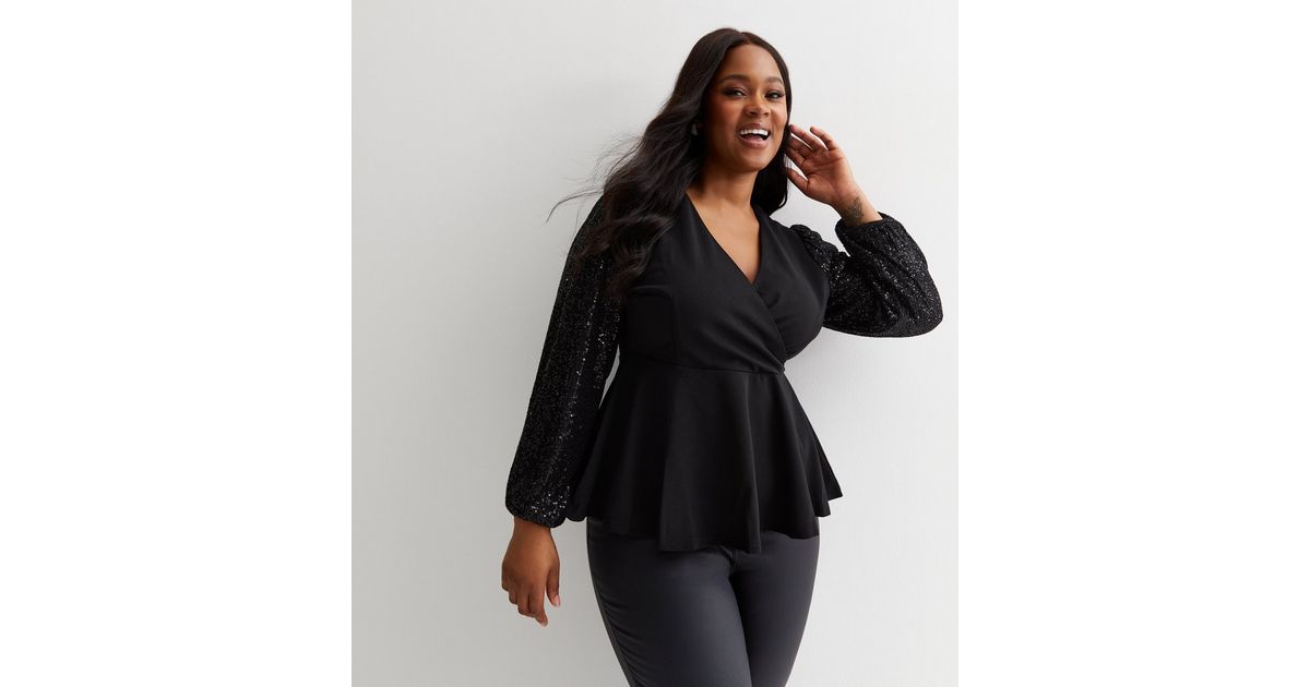 Curves Black Sequin Sleeve Peplum Top New Look - Main Image