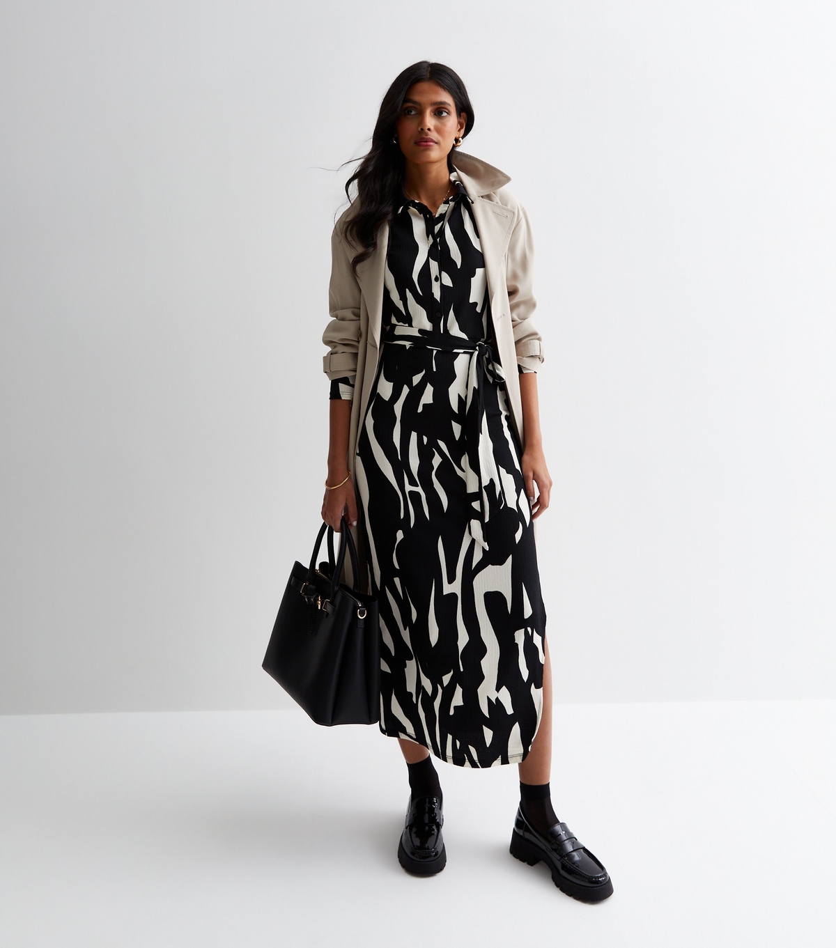 Women's Black Abstract Print Crinkle Jersey Belted Midaxi Dress New Look