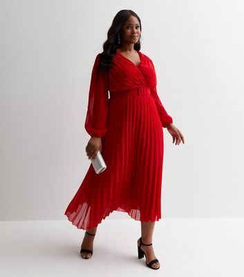 Curves Red Chiffon Pleated Wrap Midaxi Dress New Look