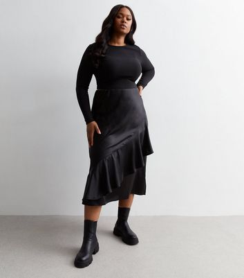 Curves Black Satin Ruffle Midi Skirt New Look
