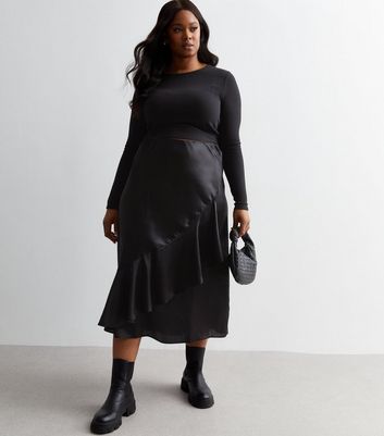 Black satin ruffle skirt hotsell