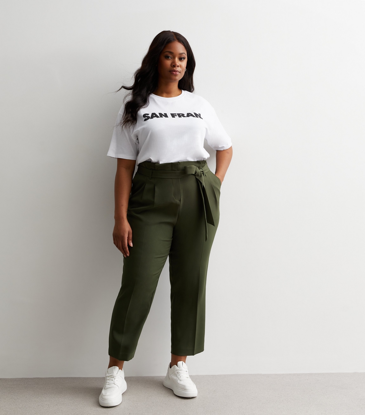 Women's Plus Size Khaki High Waist Paperbag Trousers Curves New Look