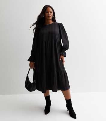 Curves Black Textured Jersey Tiered Hem Midi Dress