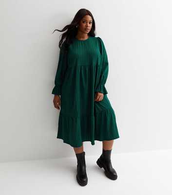 Curves Dark Green Textured Puff Sleeve Midi Dress