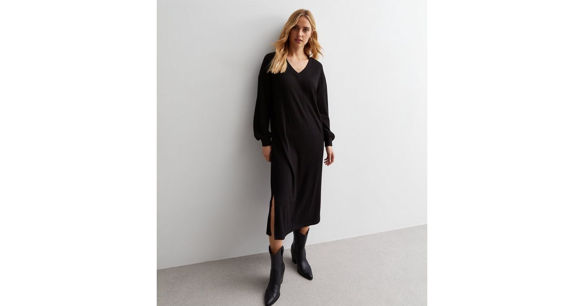 strapless open back dress Knitted ribbed V-neck dress in black – Mila.Vert main image 0