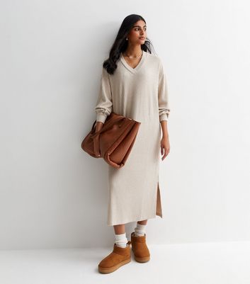Roll Neck Rib Knit Midi Dress Stone