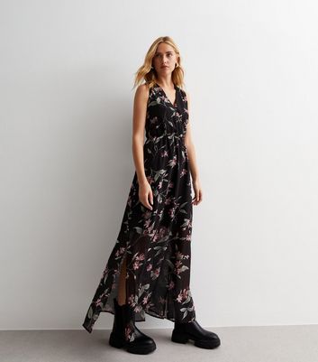 Gini London Black Floral Sleeveless Wrap Front Maxi Dress New Look