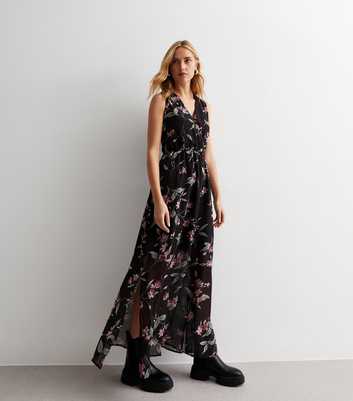Gini London Black Floral Sleeveless Wrap Front Maxi Dress