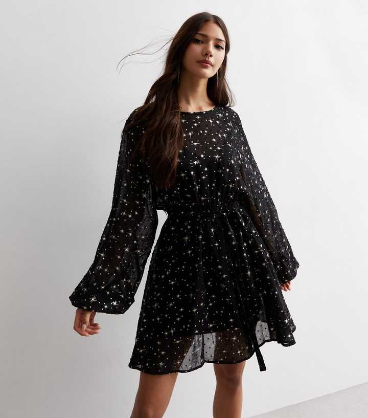 Gini London Black Star Print Puff Sleeve Mini Dress