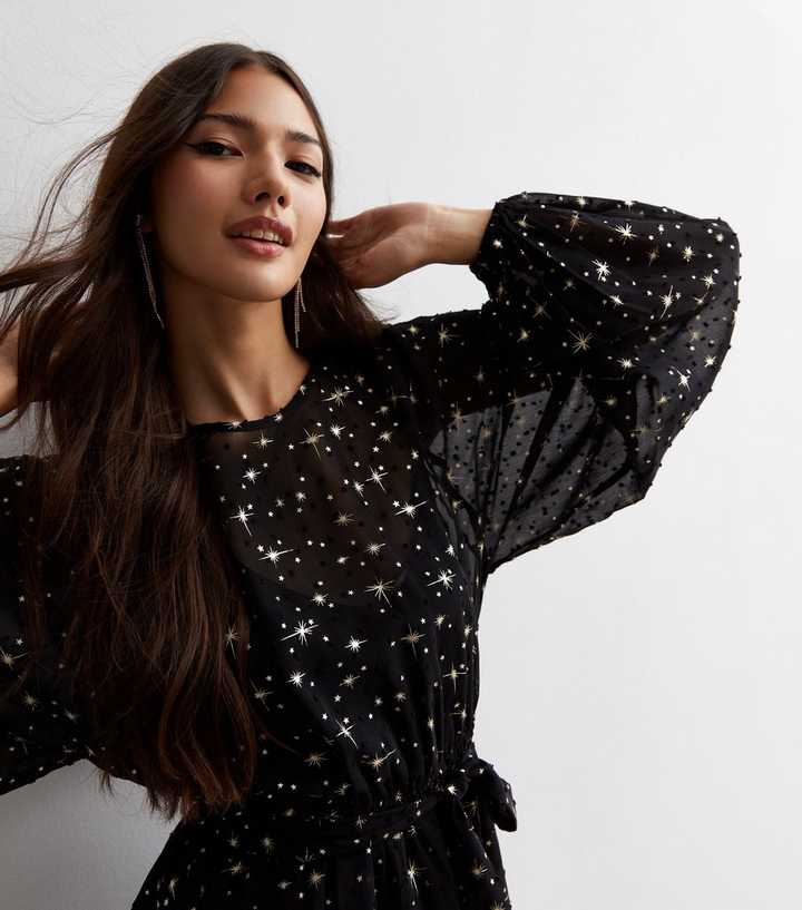 black dress with stars Dressself Side Slit Black Prom Dress with Stars Long Sleeves Graduation  Dress