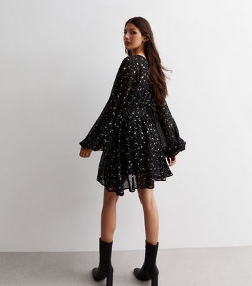 Gini London Black Star Print Puff Sleeve Mini Dress New Look