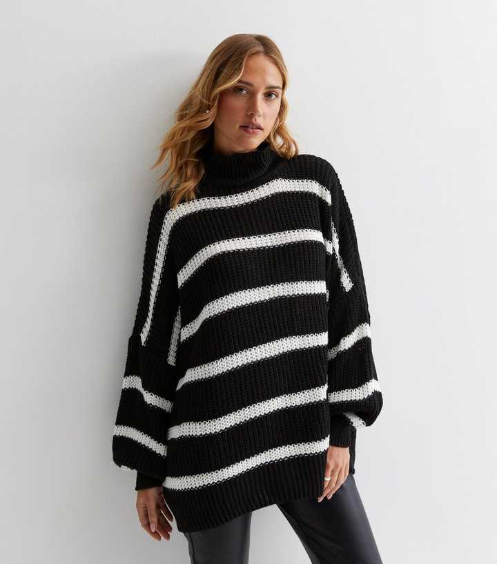 Gini London Black Stripe Chunky Knit High Neck Jumper | New Look