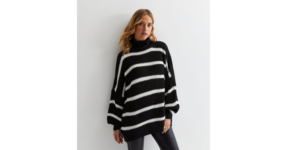 Gini London Black Stripe Chunky Knit High Neck Jumper | New Look