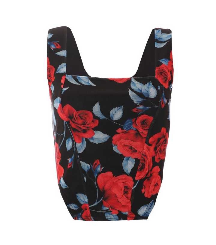 New Look floral corset detail crop top in black