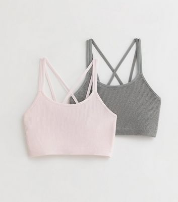 Girls 2 Pack Grey and Pink Ribbed Seamless Crop Tops New Look