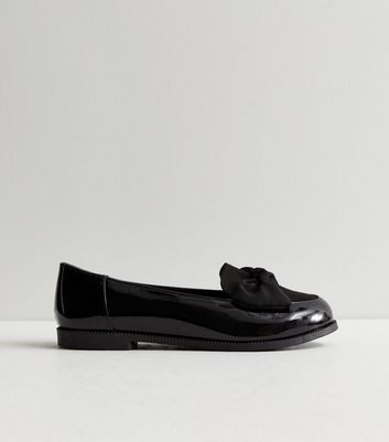 Extra Wide Fit Black Patent Bow Loafers New Look