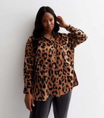 Curves Brown Satin Leopard Print Oversized Shirt New Look
