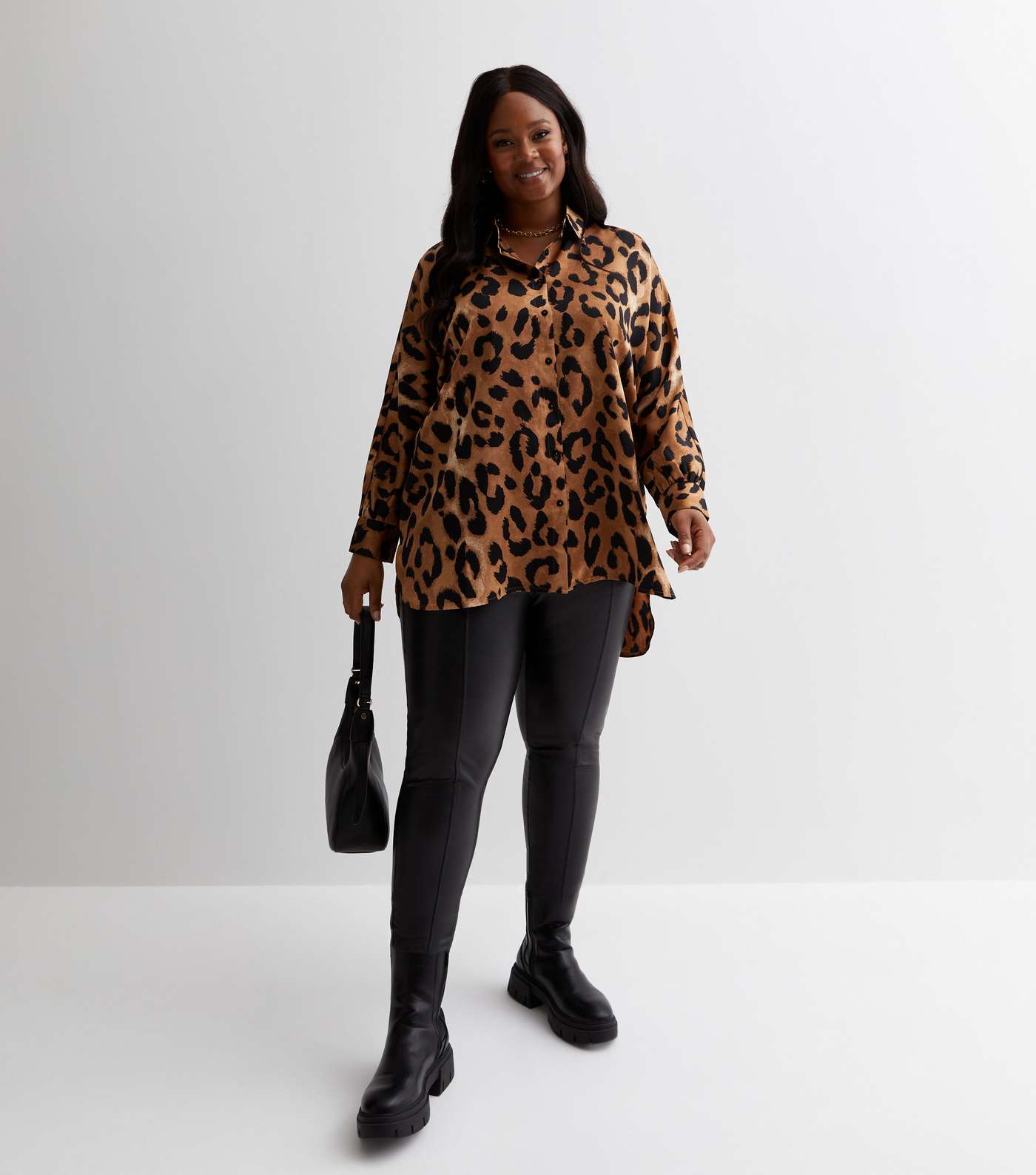 Curves Brown Satin Leopard Print Oversized Shirt Image 3