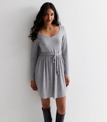 Grey Ribbed V Neck Belted Mini Dress New Look