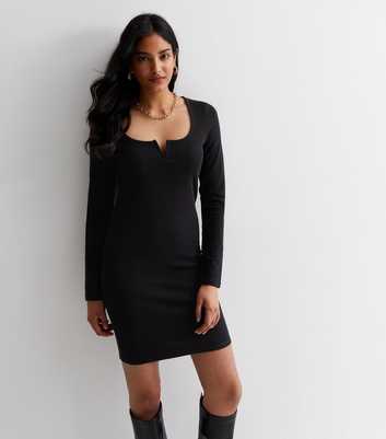 Black Ribbed Jersey Notch Neck Mini Dress