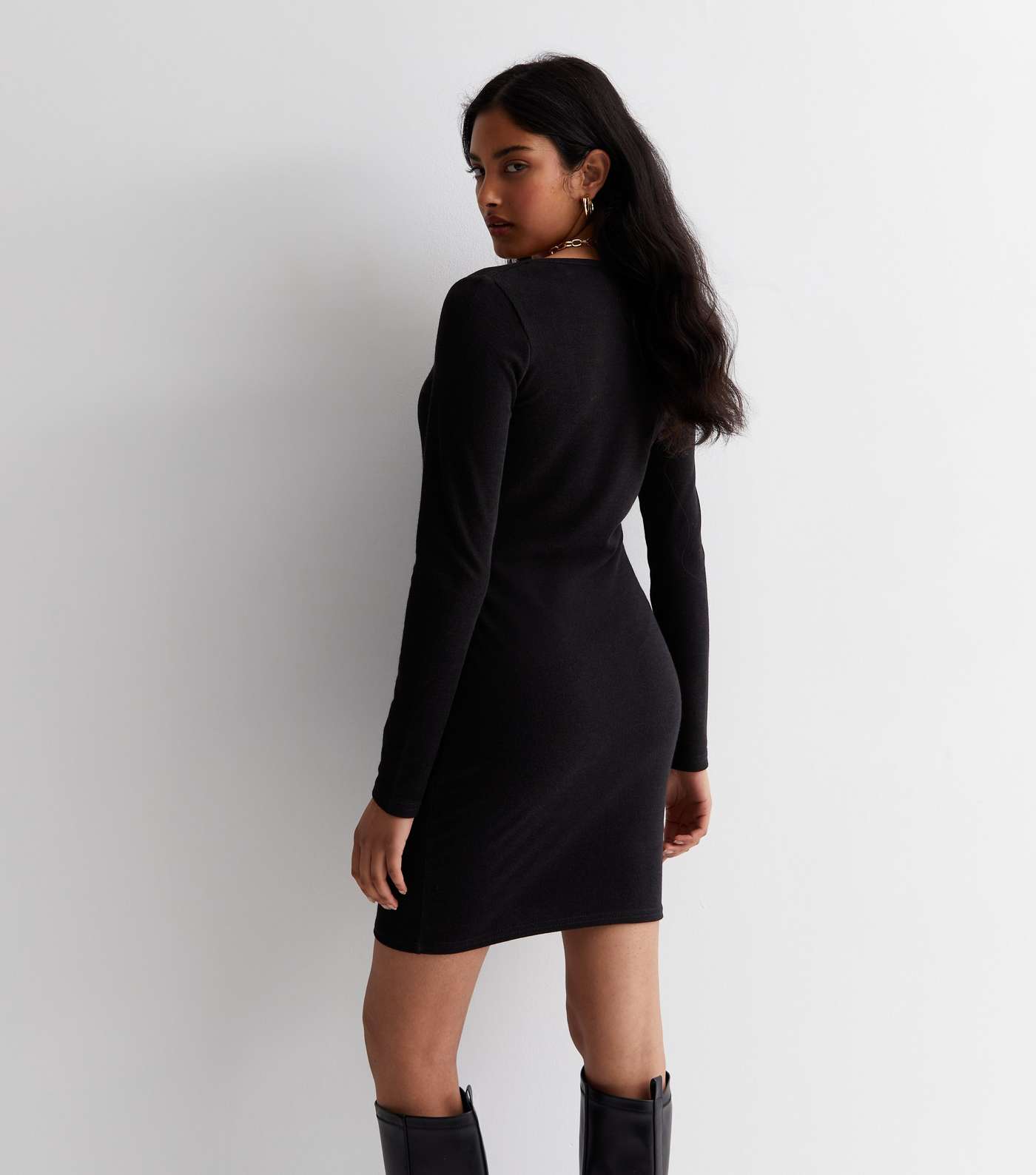 Black Ribbed Jersey Notch Neck Mini Dress Image 4