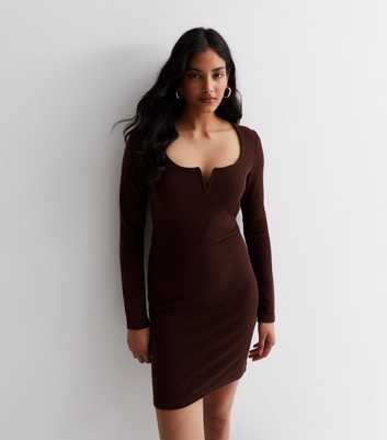 Dark Brown Ribbed Jersey Notch Neck Mini Dress