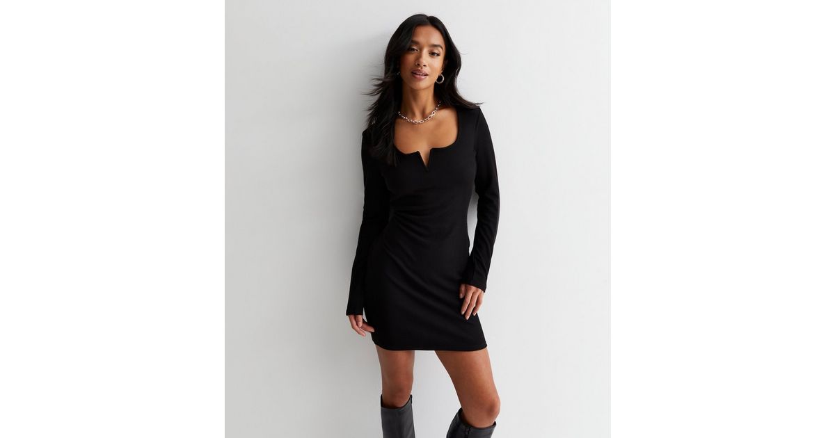 Petite Black Long Sleeve Jersey Mini Dress
