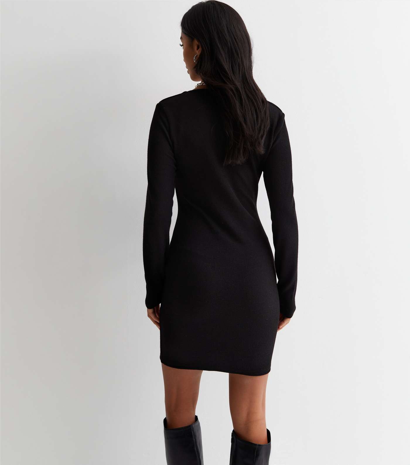Petite Black Ribbed Jersey Notch Neck Mini Dress Image 4