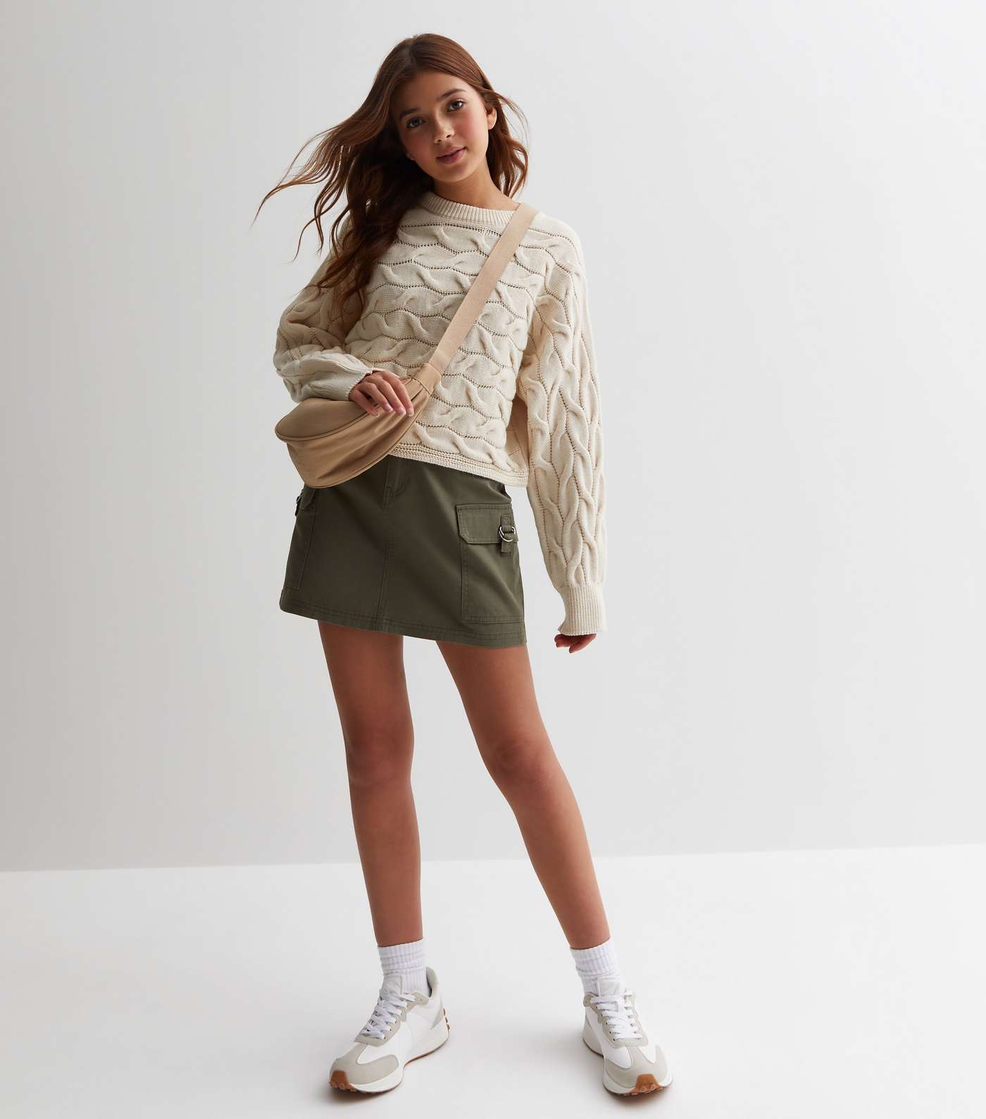Girls Cream Cable Knit Crew Neck Jumper Image 3