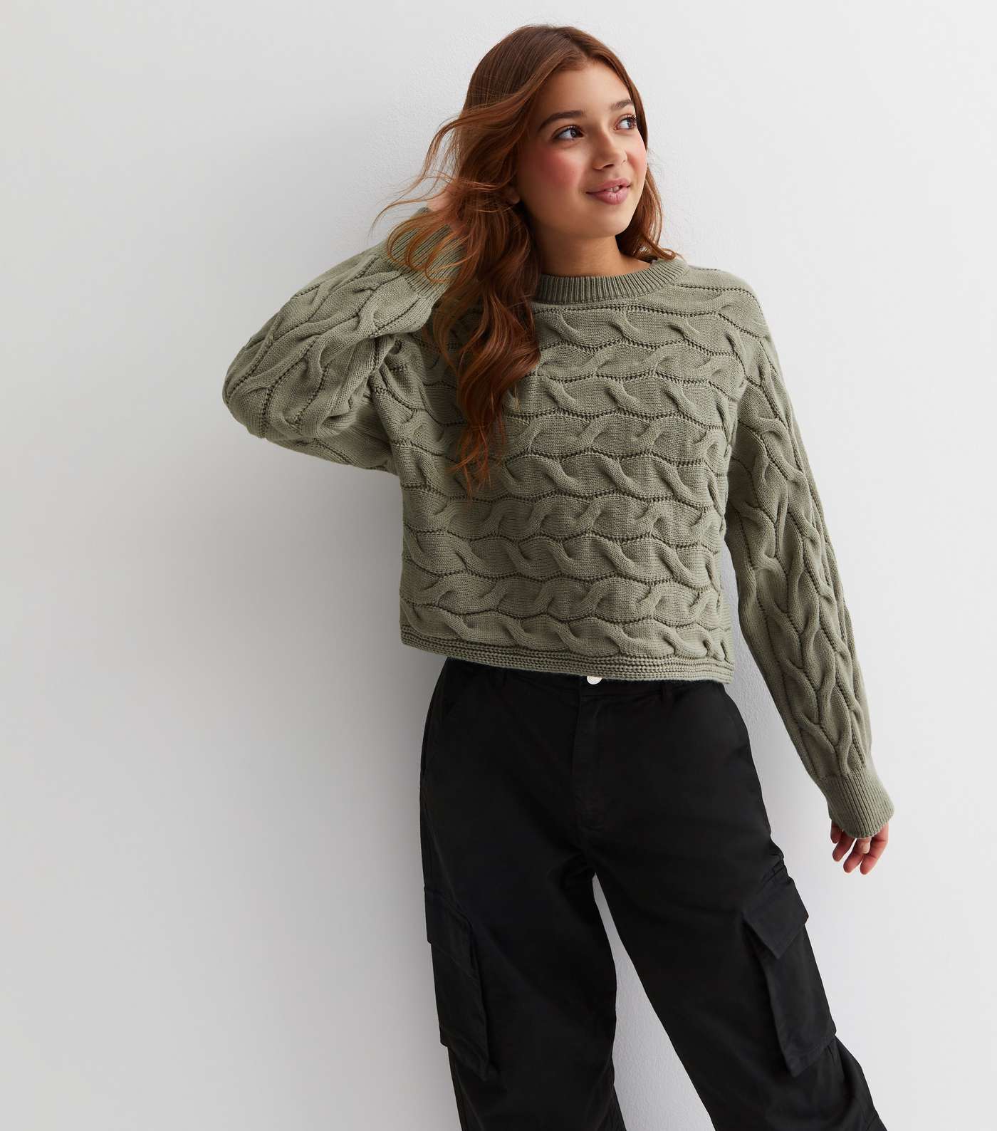 Girls Olive Cable Knit Crew Neck Jumper Image 2