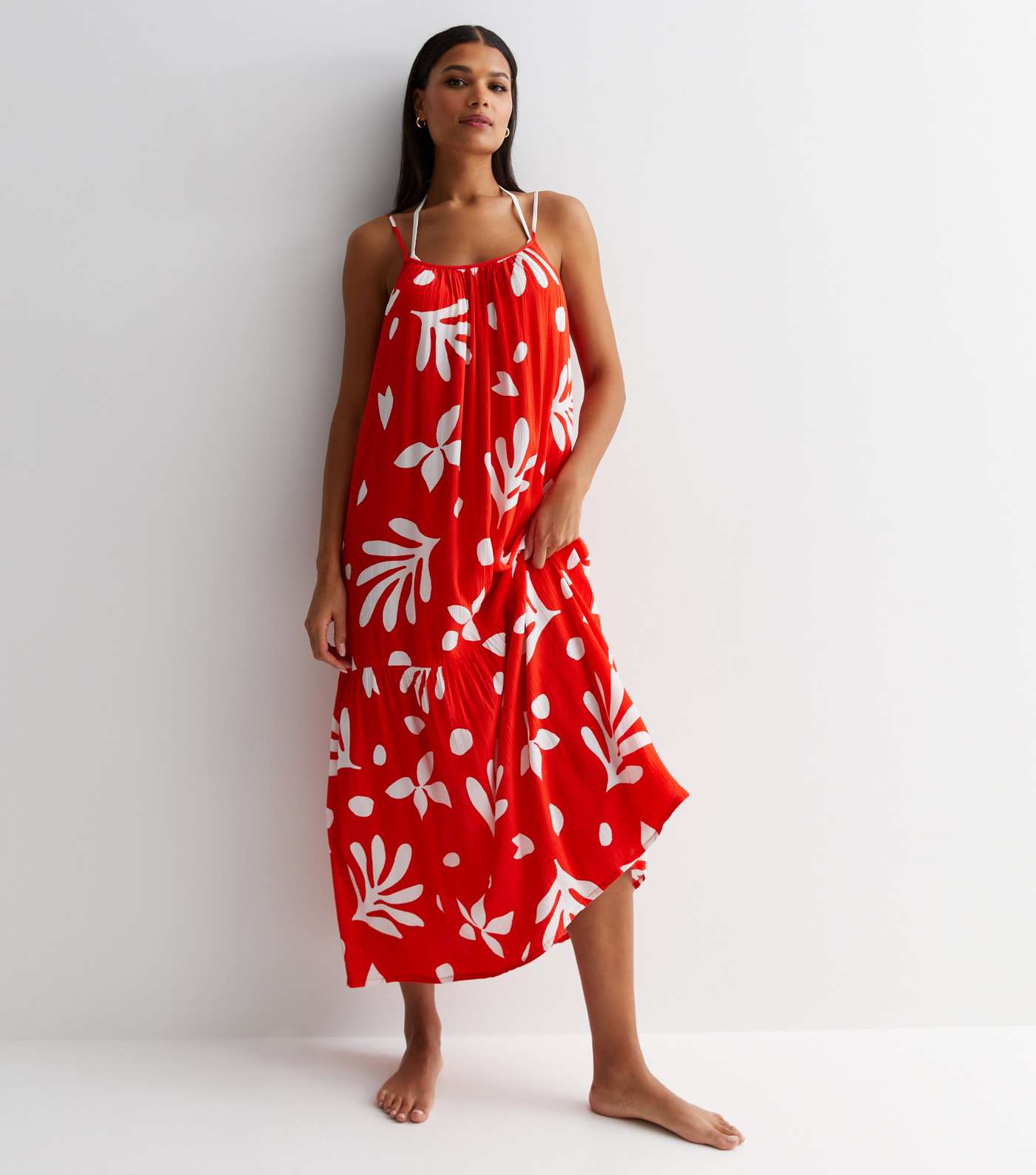 Red Floral Print Crinkle Maxi Beach Dress | New Look