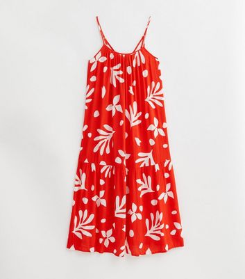 Red Floral Print Crinkle Maxi Beach Dress New Look