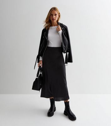 Black Satin Midi Skirt New Look