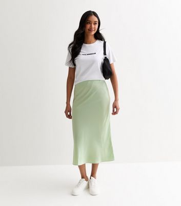 Light Green Satin Midi Skirt New Look