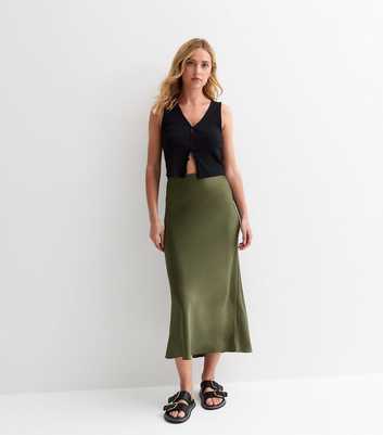 Olive Satin Midi Skirt