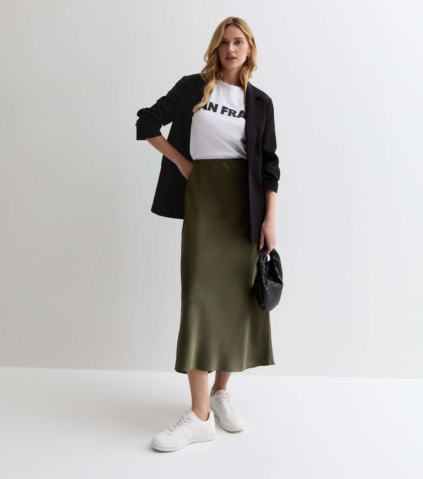 Olive Satin Midi Skirt
