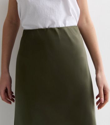 Olive Satin Midi Skirt New Look