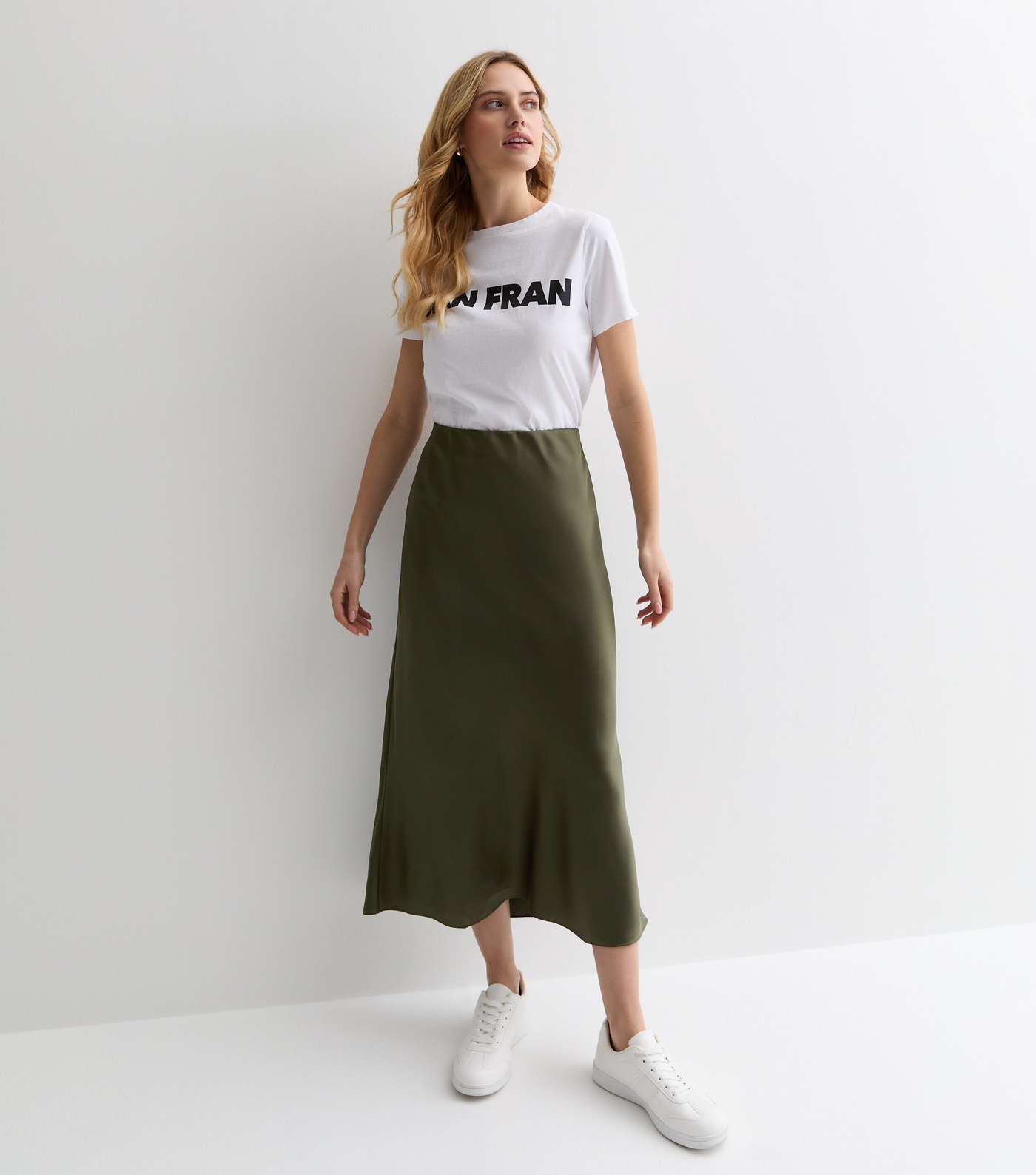 Olive Satin Midi Skirt Image 3
