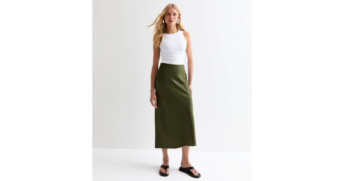 Khaki Satin Midi Skirt | New Look